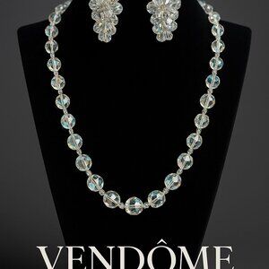 VENDOME Signed Aurora Borealis Crystal Necklace and Clip Earrings Set | 1950s Tw